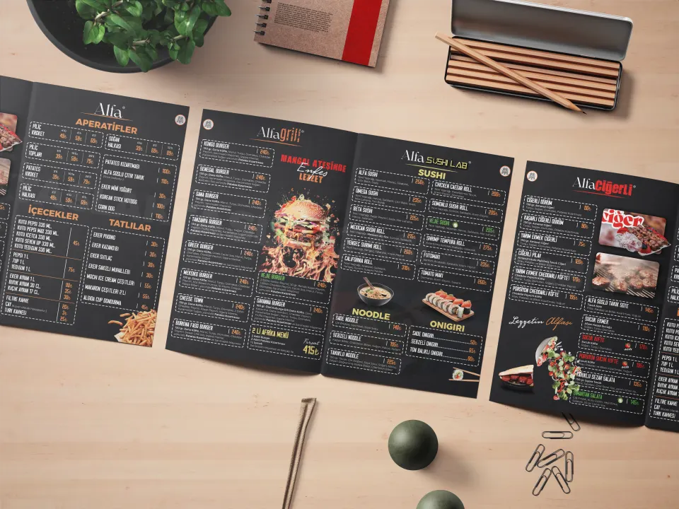 Alfa Restaurant katlanır menü tasarımı ve masaüstü mockup