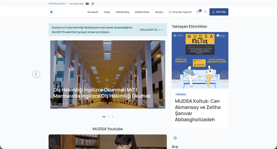 MUDSA kulüp, blog ve etkinlik web sitesi ana sayfası